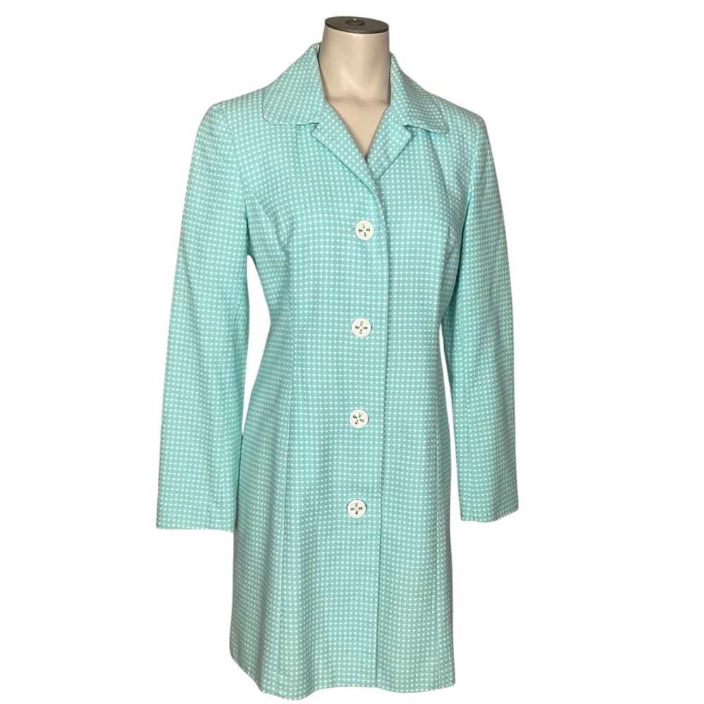 vtg DEPECHE MODE sz 4 Spring Summer Coat Lined Fit n Flare Polka Dots Aqua Blue